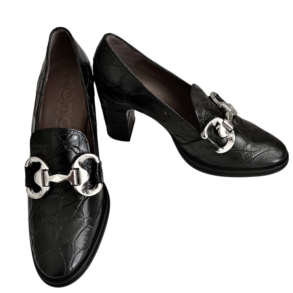 NWT Wonders Spain Siro Black Croc Leather Block Heel Loafer Pump Parisian Glam